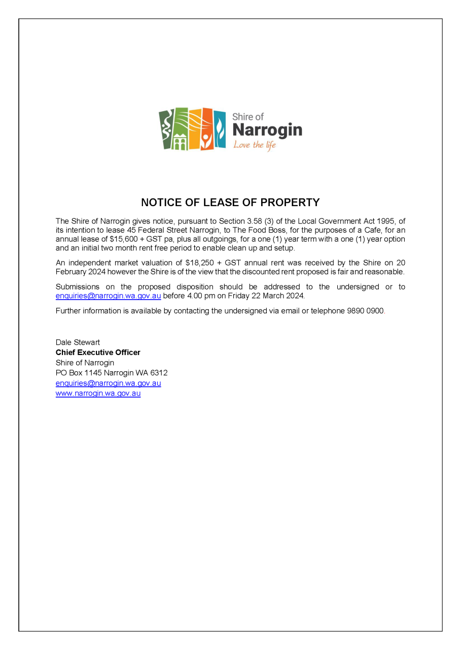 NOTICE OF LEASE OF PROPERTY