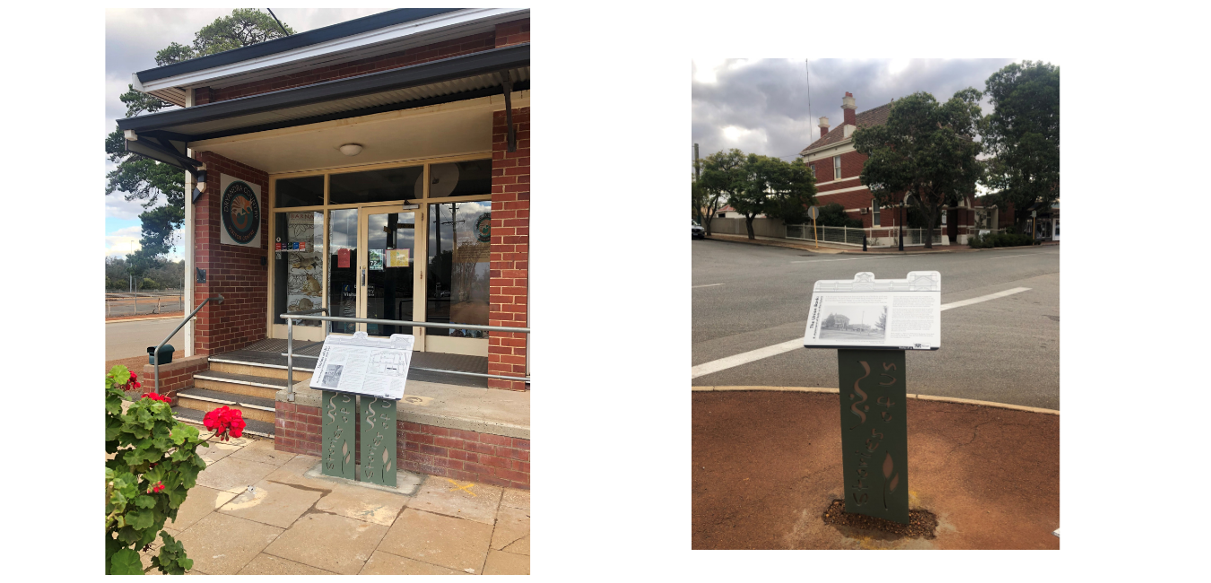 Left: The trail head at the front of the Dryandra Country Visitors Centre. Right: The first panel in the trail - the Union Bank