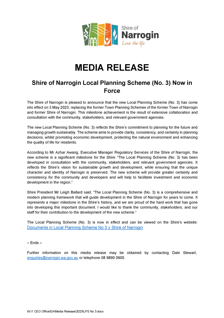 Media Release - Shire of Narrogin Local Planning Scheme No 3 now in Force