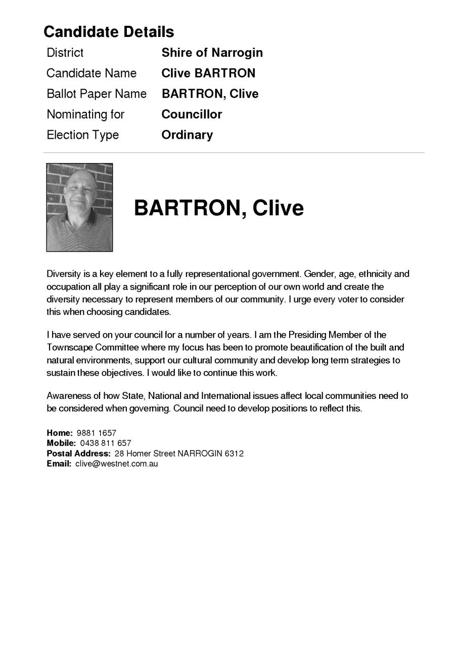 Candidate Details for Clive Bartron