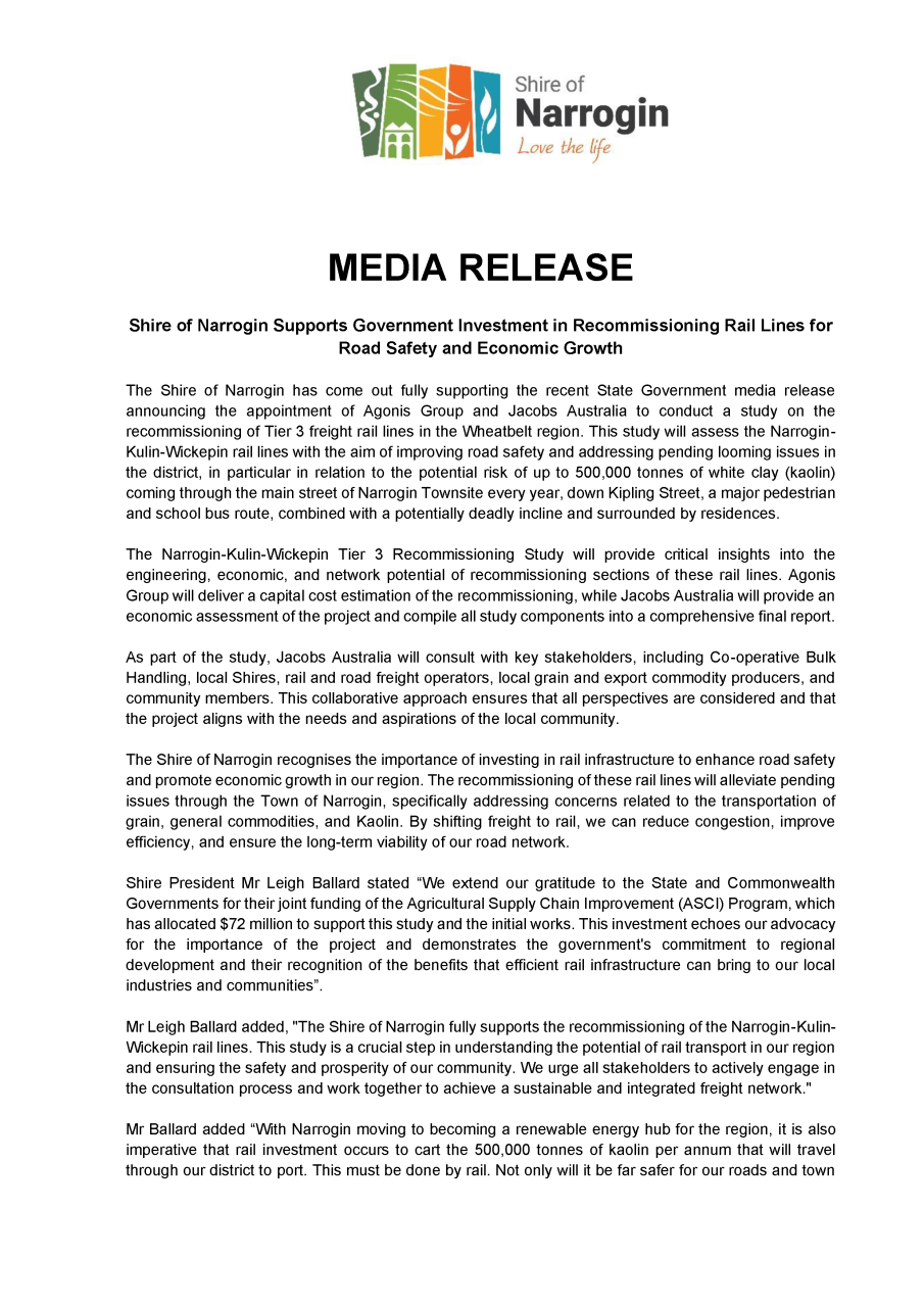 Media Release - Shire of Narrogin Supports Government Investment in Recommissioning Rail Lines for Road Safety and Economic Growth