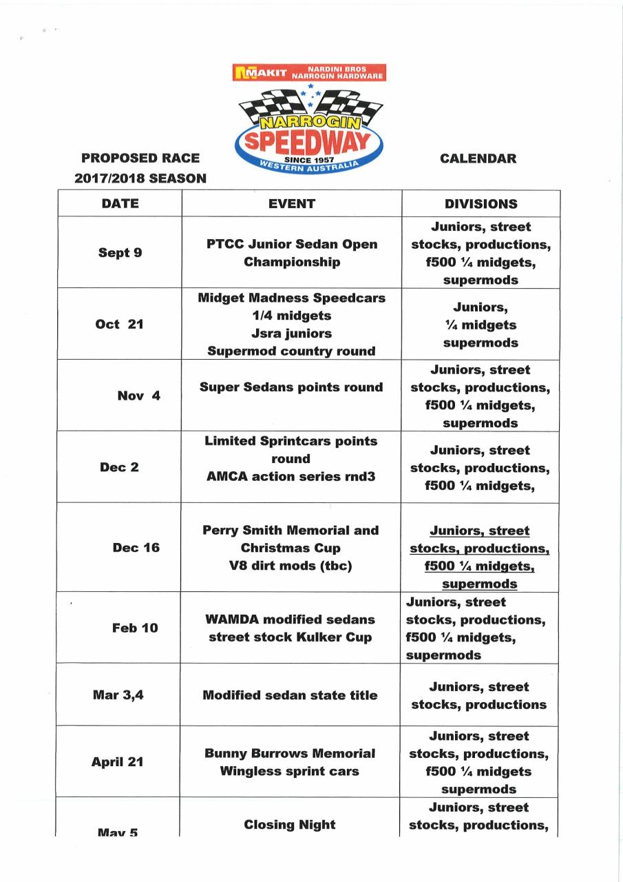 Speedway Calendar
