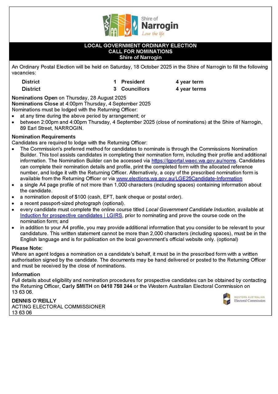 Shire of Narrogin_Local Government Ordinary Election_Call for Nominations